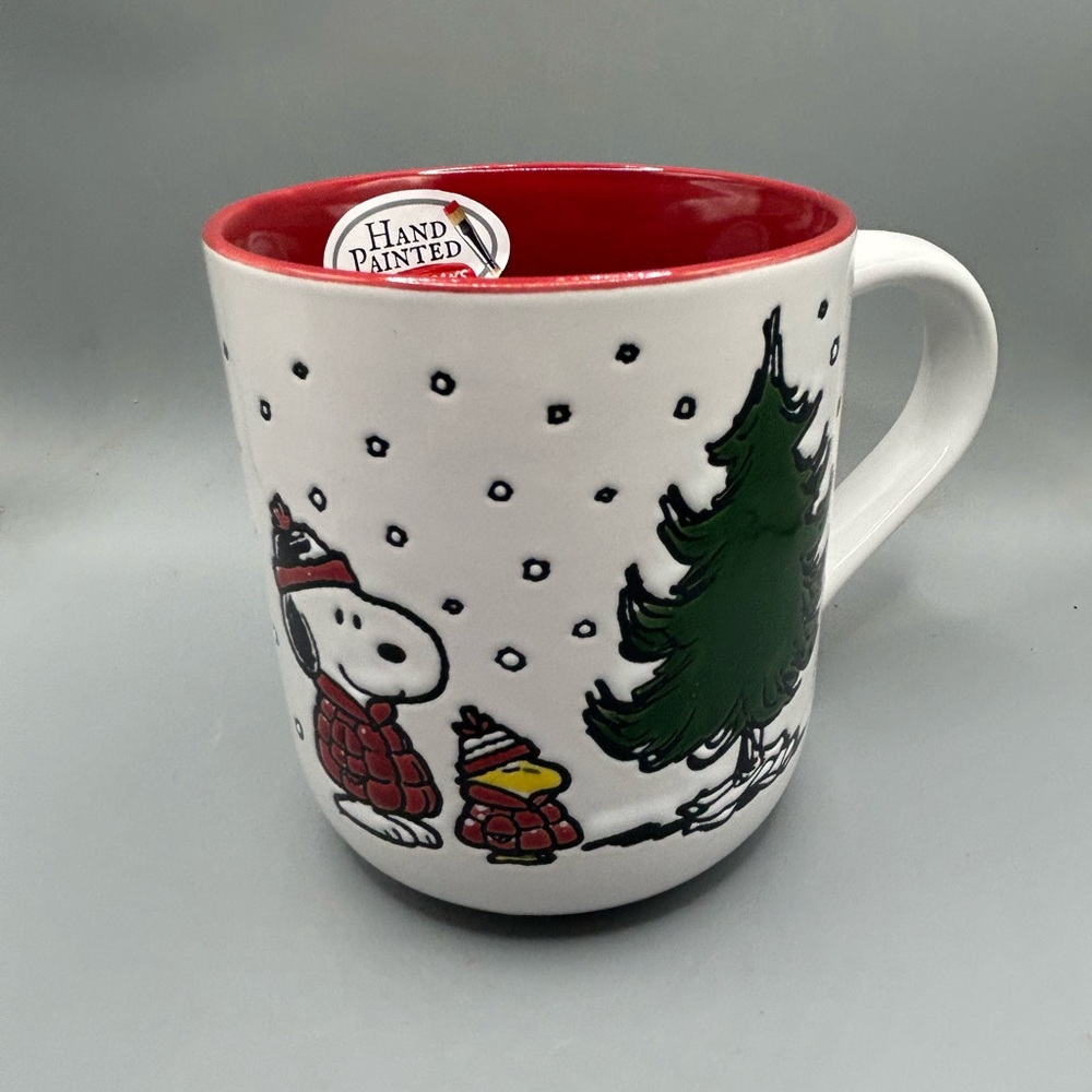 Peanuts Snoopy And Woodstock In Puffer Jackets And Christmas Tree Mug NEW